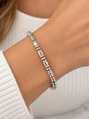 Silver Tone Beaded Stretch Bracelet Barrel Spacer Beads Minimalist Jewelry New